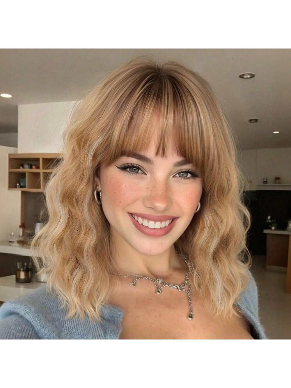 Women's light brown Short Shoulder Curly with Bangs 16 Inch Synthetic Wig